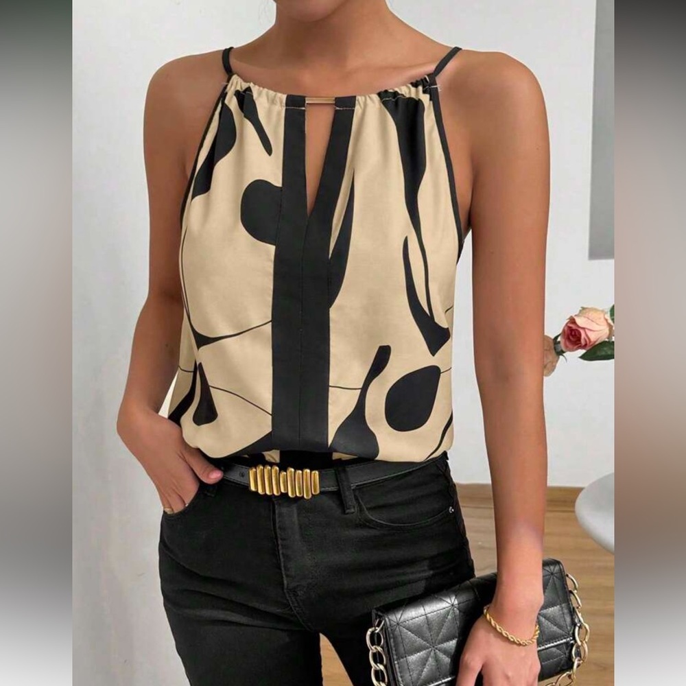 Stylish Black and Khaki Women's Top
